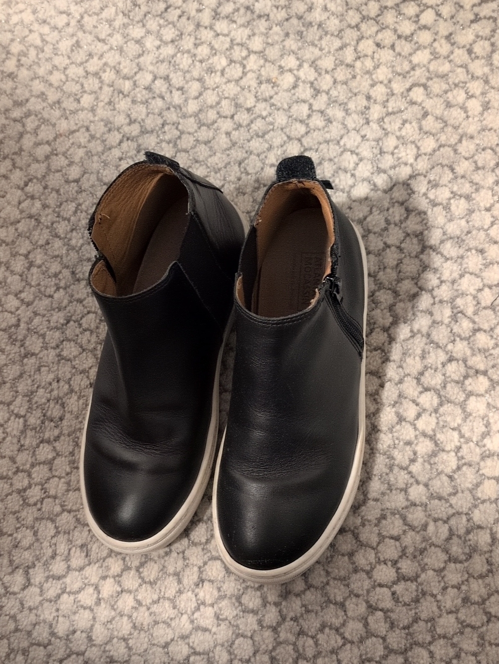 Kid's Black Leather Side Zip Ankle Sneakers with White Sneaker Sole
